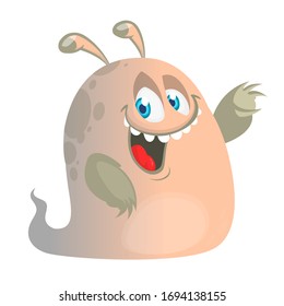 Happy cartoon fat ghost. Laughing monster face emotion. Halloween vector illustration