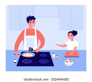 Happy cartoon father and daughter making fried eggs together. Man frying eggs in pan, little girl helping dad flat vector illustration. Family, parenting, food concept for banner or landing web page