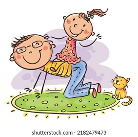 Happy cartoon father playing with a daughter on the carpet