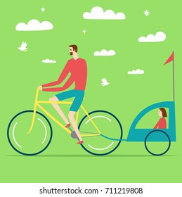 Happy cartoon father riding a bicycle with child in a trailer. Sport and family illustration for your design.