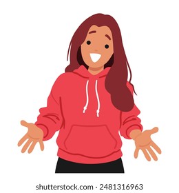 Personaje Femenino De Dibujos Animados Feliz Con Una Expresión Sorprendida. Mujer Con Capucha Roja Y Mostrada Con Los Brazos Abiertos Y Una Amplia Sonrisa, Transmitiendo Emoción Y Alegría. Ilustración vectorial de Personas de dibujos animados