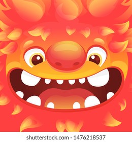 Happy cartoon fire monster - square avatar with funny alien character with flame skin and goofy smiling face, cute flaming lion or dragon creature with big teeth. Vector illustration