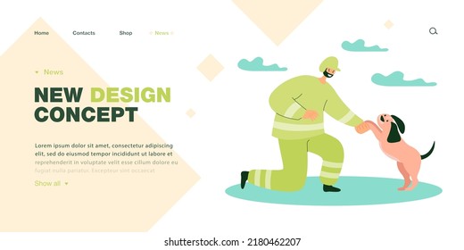 Happy cartoon fireman holding paw of cute dog. Male character in red uniform playing with puppy flat vector illustration. Protection, animals, nature concept for banner, website design or landing page