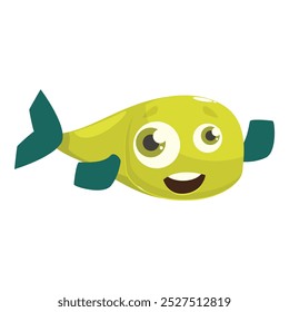 Happy cartoon fish with big eyes and a big smile raising its fins in celebration