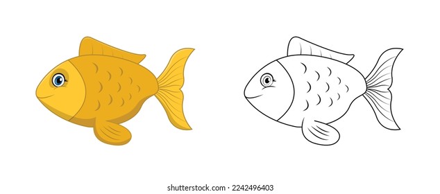 Happy cartoon fish with line art, fish sketch color less page isolated on white background.