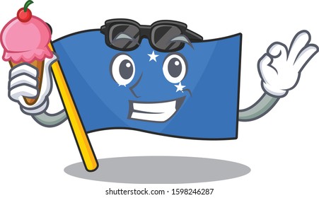 Happy cartoon of flag micronesia Scroll with ice cream