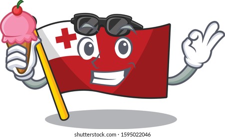 Happy cartoon of flag tonga Scroll with ice cream