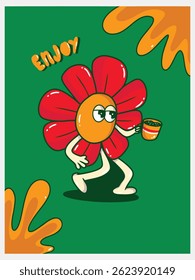 Happy Cartoon Flower Enjoying a Drink