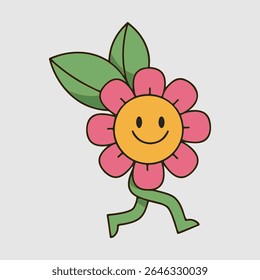 Happy cartoon flower with smiling face and green leaves running