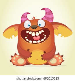 Happy Cartoon Fluffy Monster. Vector Halloween Monster. Design For Logo, Emblem, Print, T-shirt Or Poster