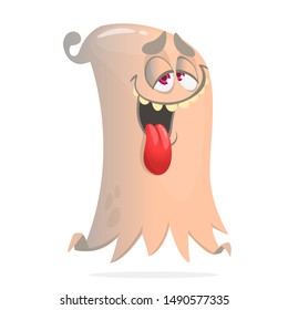 Happy cartoon flying ghost showing tongue. Vector illustration of funny ghost character