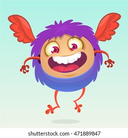 Happy cartoon flying monster. Halloween vector fluffy purple monster