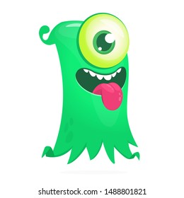 Happy cartoon flying monster with one eye. Vector illustration of funny ghost character