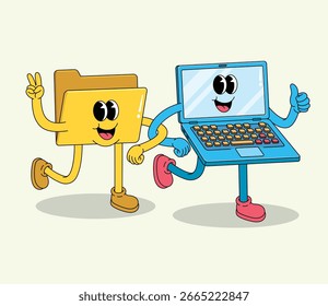 Personagens de laptop e pasta de desenhos animados felizes caminhando juntos com gestos positivos
