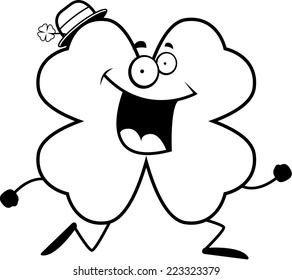 A happy cartoon four leaf clover running and smiling.