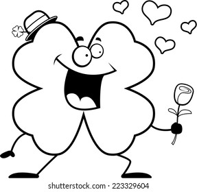 A happy cartoon four leaf clover with a flower.