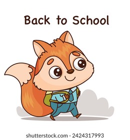 A happy cartoon fox with a backpack walks to school, showcasing lively art, illustrated with a cute snout, whiskers, and tail. Vector