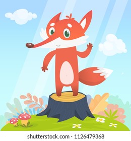 Fröhliche Cartoon-Fuchs-Figur. Vektorgrafik von Fuchs einzeln auf buntem Waldhintergrund mit Blumen und Pilzen auf der Wiese und am Himmel