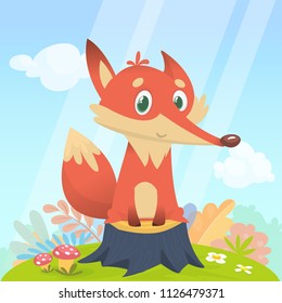 Happy cartoon fox character. Vector illustration of fox isolated on colorful forest background with flowers and mushrooms on the meadow and sky