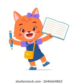 Happy cartoon fox girl holding book and pencil standing wearing dress