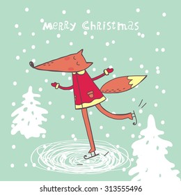 happy cartoon fox skates card design
