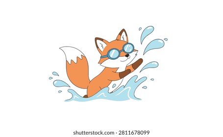 A happy cartoon fox wearing blue swimming goggles splashing playfully in the water during a fun summer vacation at the pool.