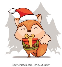 A happy cartoon fox, wearing a Santa hat and sweater, holding a gift box. Art, illustration, drawing, graphics. Vector