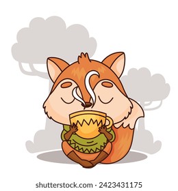 A happy cartoon fox with whiskers is enjoying a cup of coffee or tea. Vector