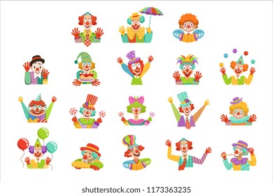Happy cartoon friendly clowns character colorful vector Illustrations