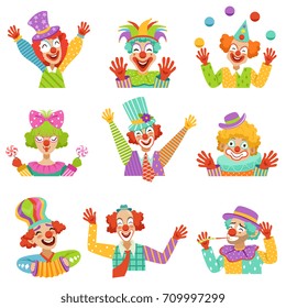 Happy cartoon friendly clowns character colorful vector Illustrations