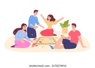 Happy cartoon friends playing board game on floor at home. People holding cards and banknotes flat vector illustration. Communication, leisure, board games concept for banner or landing web page