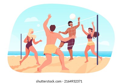 Happy cartoon friends playing volleyball on beach. Teams of young people playing ball on sand flat vector illustration. Summer, vacation, sports concept for banner, website design or landing web page