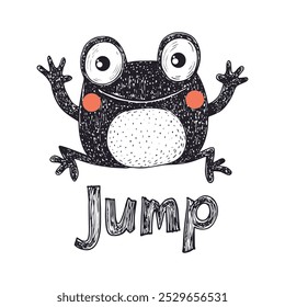 Happy Cartoon Frog with Jump Text for children s illustrations, educational materials, or playful designs.