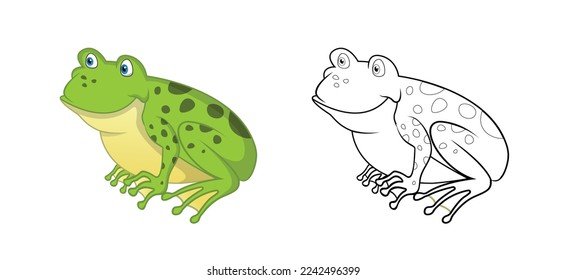 Happy cartoon frog with line art, frog sketch color less page isolated on white background.