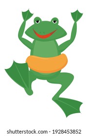 Happy cartoon frog in orange swimming ring isolated on white. Green toad, summer kids vacation concept flat illustration.