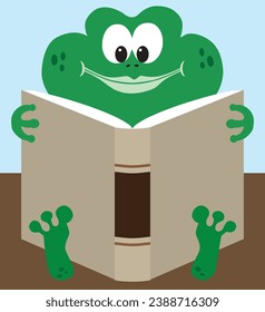 A happy cartoon frog is sitting and reading a book