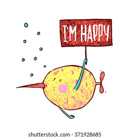 Happy Cartoon Funny Monster Fish Greeting Card Design Hand Drawn. Humor cartoon hand drawn colorful fish holding sign lettering love fishing. Pencil style. EPS10 vector has no background color.