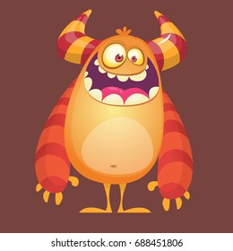 Happy cartoon furry monster. Orange vector alien character. Design for icon, emblem, sticker or children book illustration