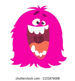 Happy Cartoon Furry Monster Screaming With Big Mouth. Vector Halloween Illustration. Big Set Of Cartoon Monsters