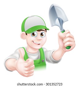 Happy cartoon gardener character in a cap and dungarees holding a garden trowel spade tool and giving a thumbs up