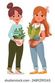 Happy cartoon Gardener girls with plants in their hands.Home garden, gardening, plant lover concept.