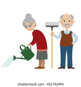 Happy cartoon gardeners grandparents.Grandma is watering from a watering can. grandfather with a rake