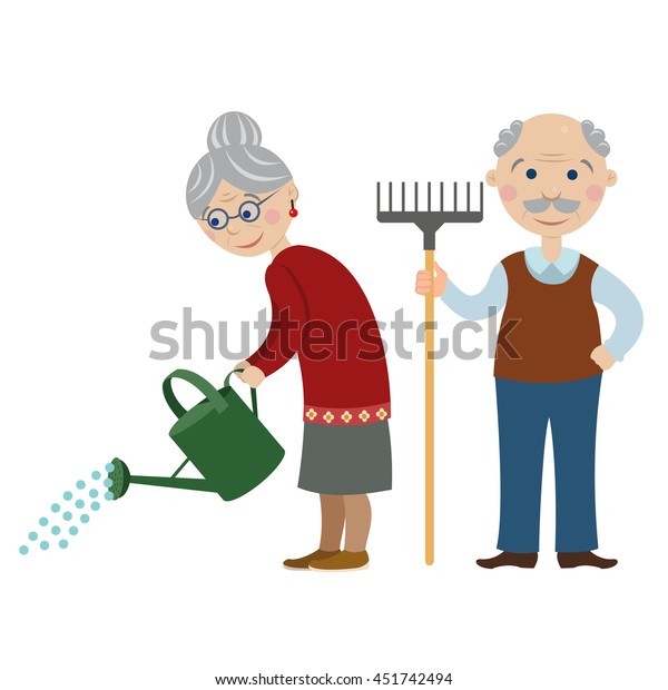 Happy Cartoon Gardeners Grandparentsgrandma Watering Watering Stock ...
