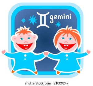 Happy cartoon Gemini on a blue background. Zodiac star sign.