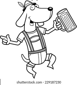 A happy cartoon German dog dancing and smiling.