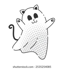 Happy cartoon ghost with cat ears and tail, halftone effect, Vector