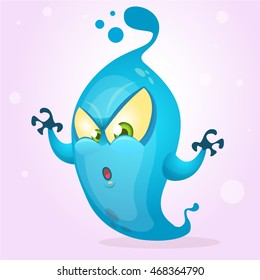 Happy cartoon ghost. Halloween vector fat and blue monster icon with claws