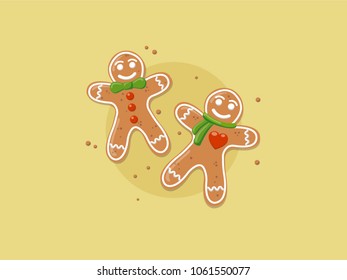 Happy cartoon gingerbread cookies. Christmas greeting card element. Modern flat style vector illustration.