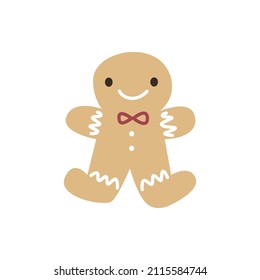 Happy cartoon gingerbread man cookie. Christmas greeting card element.