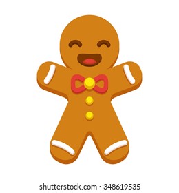 Happy cartoon gingerbread man cookie. Christmas greeting card element. Modern flat style vector illustration.